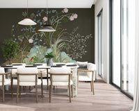 Low glare on the matte ground leaves the chinoiserie wall mural detail clear