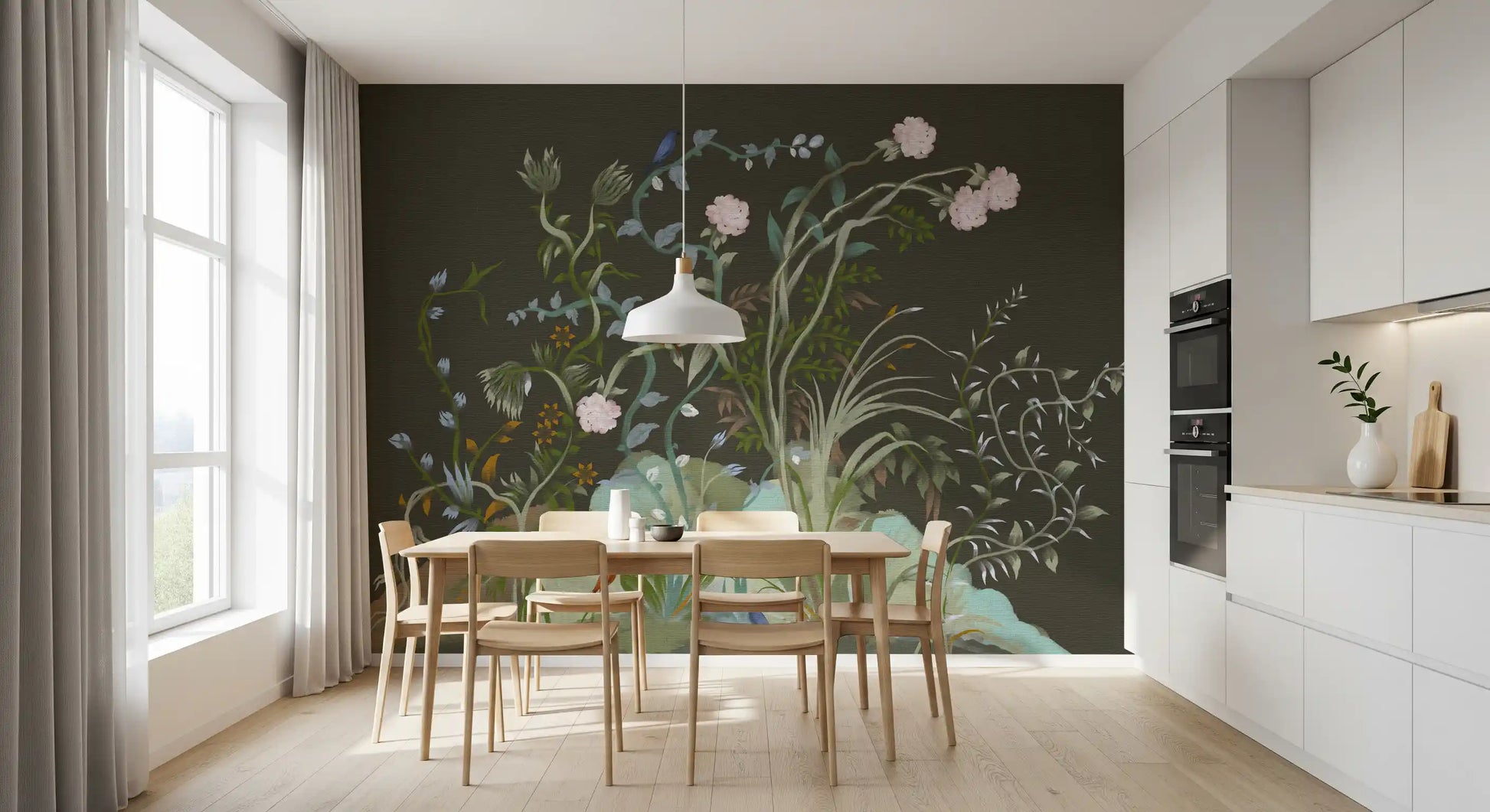 Climbing vines and pink blooms fill a dining room with a botanical wall mural