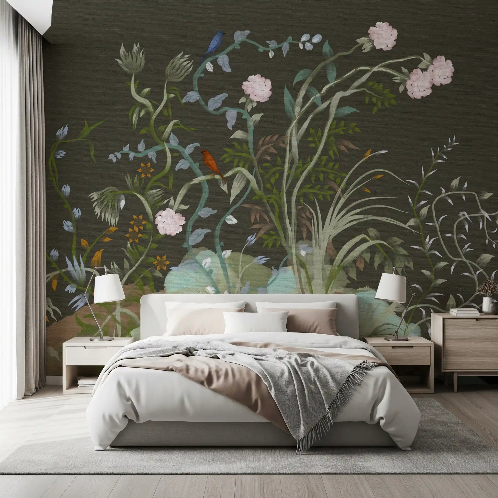 Twisting stems and leaves climb upward in a botanical chinoiserie wall mural pattern