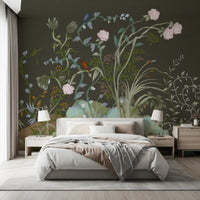 Twisting stems and leaves climb upward in a botanical chinoiserie wall mural pattern