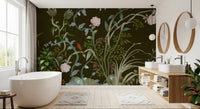 Climbing chinoiserie wall mural greenery warms a quiet bathroom with pink blooms