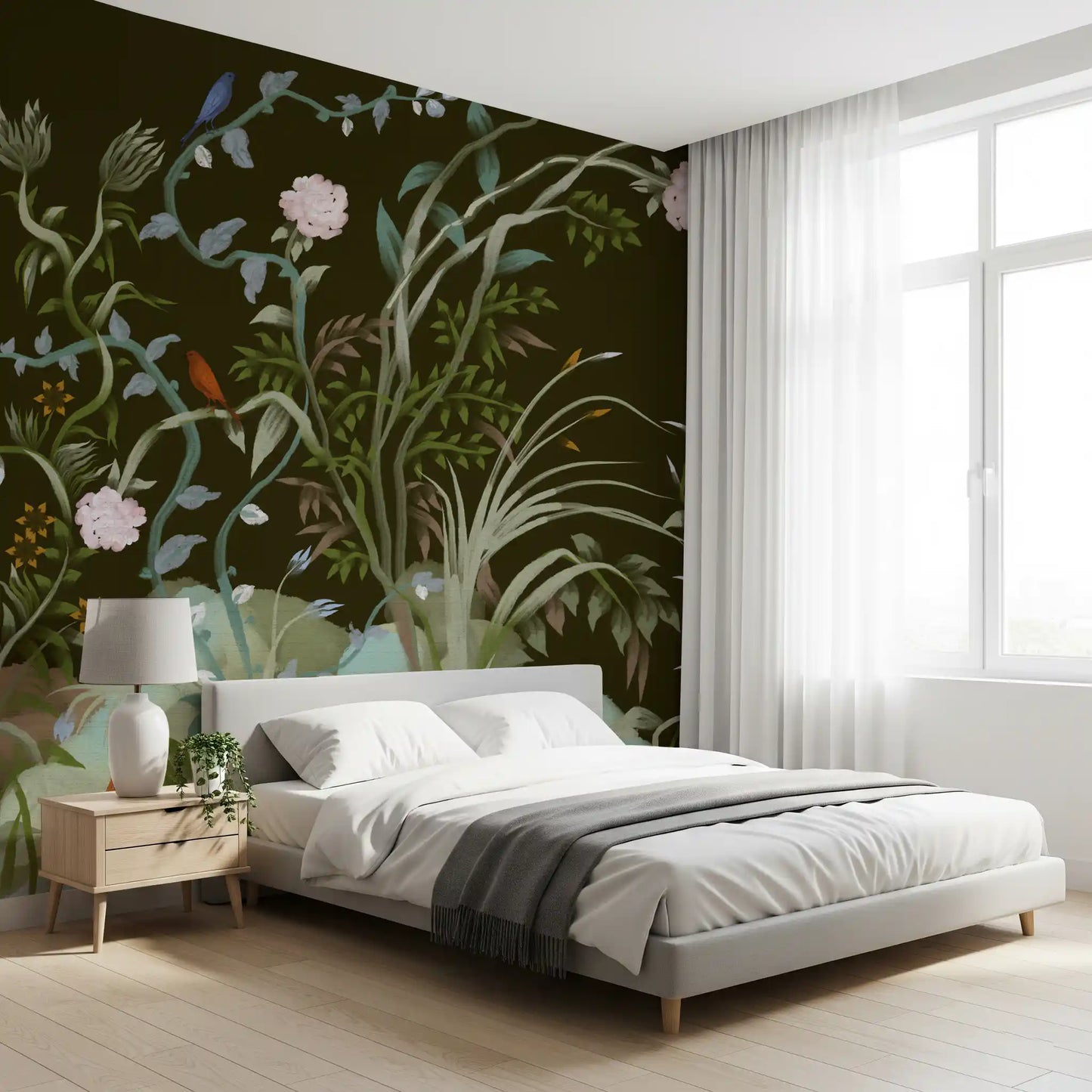 Gold star flowers and powder-blue buds fill the lower chinoiserie wall mural