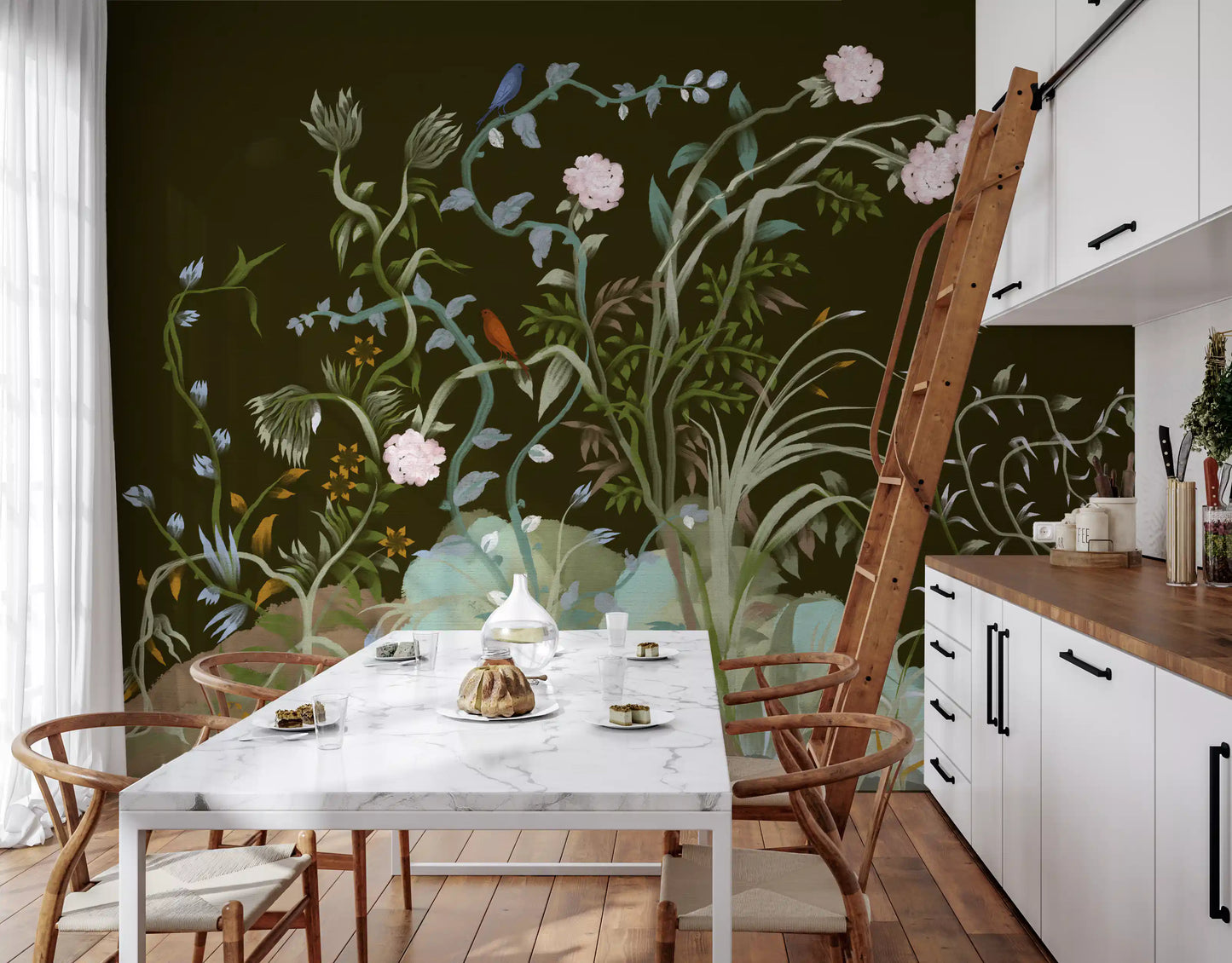 Trailing vines wrap a Kitchen and dining in the enchanted grove wall mural