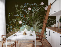 Trailing vines wrap a Kitchen and dining in the enchanted grove wall mural