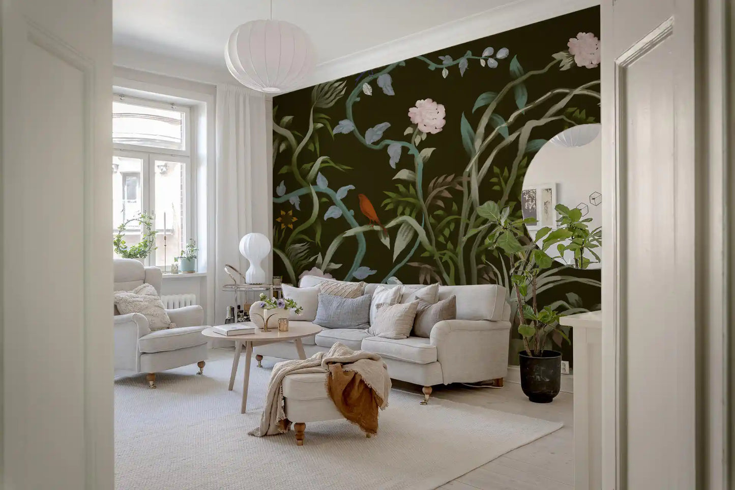 A pale mound grounds the grove where stems rise in this botanical wall mural