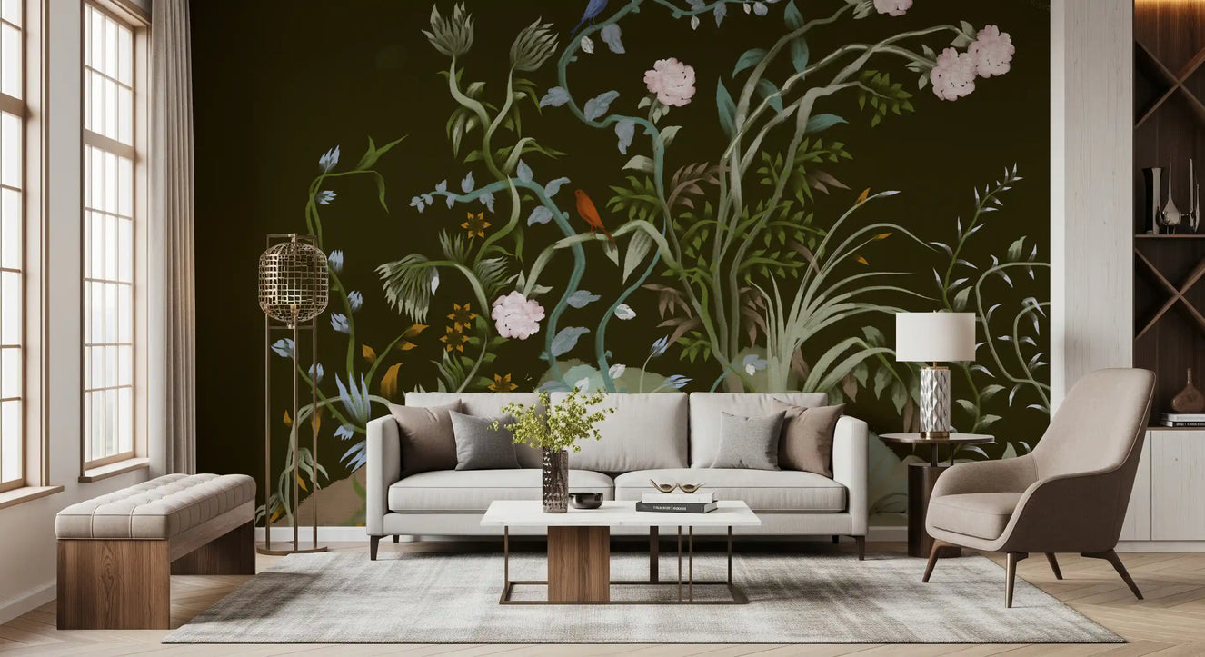 Pink peonies and birds climb a botanical wall mural set over a living room
