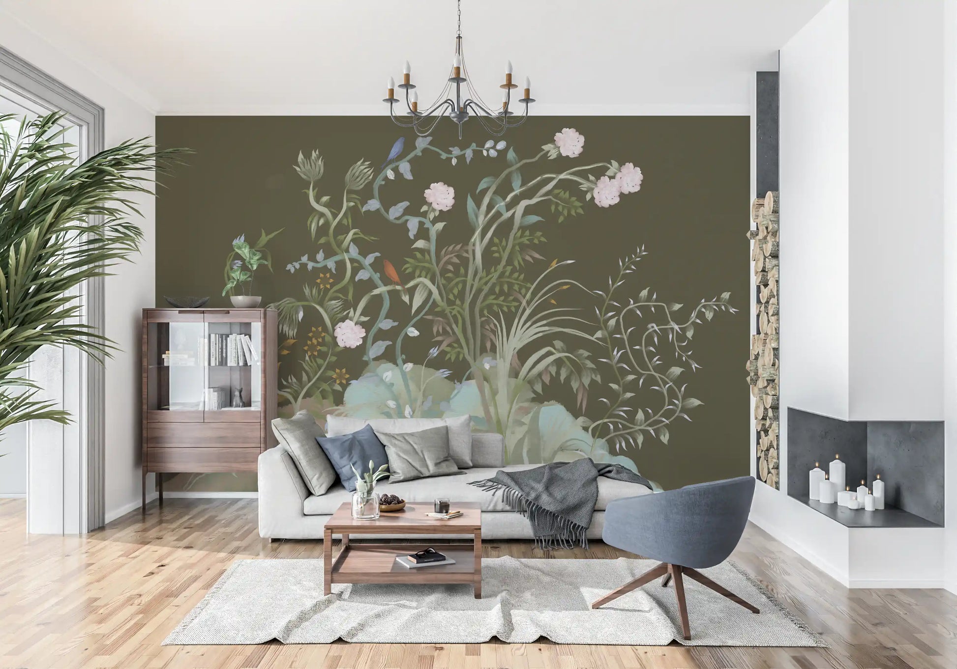 Blue and red birds perch among trailing branches in the grove wall mural