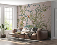 Entryway kept airy, chinoiserie nature wall mural climbing past a muted blush ground