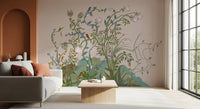 Yellow star florets and bluebell stems run low in the oriental garden wall mural