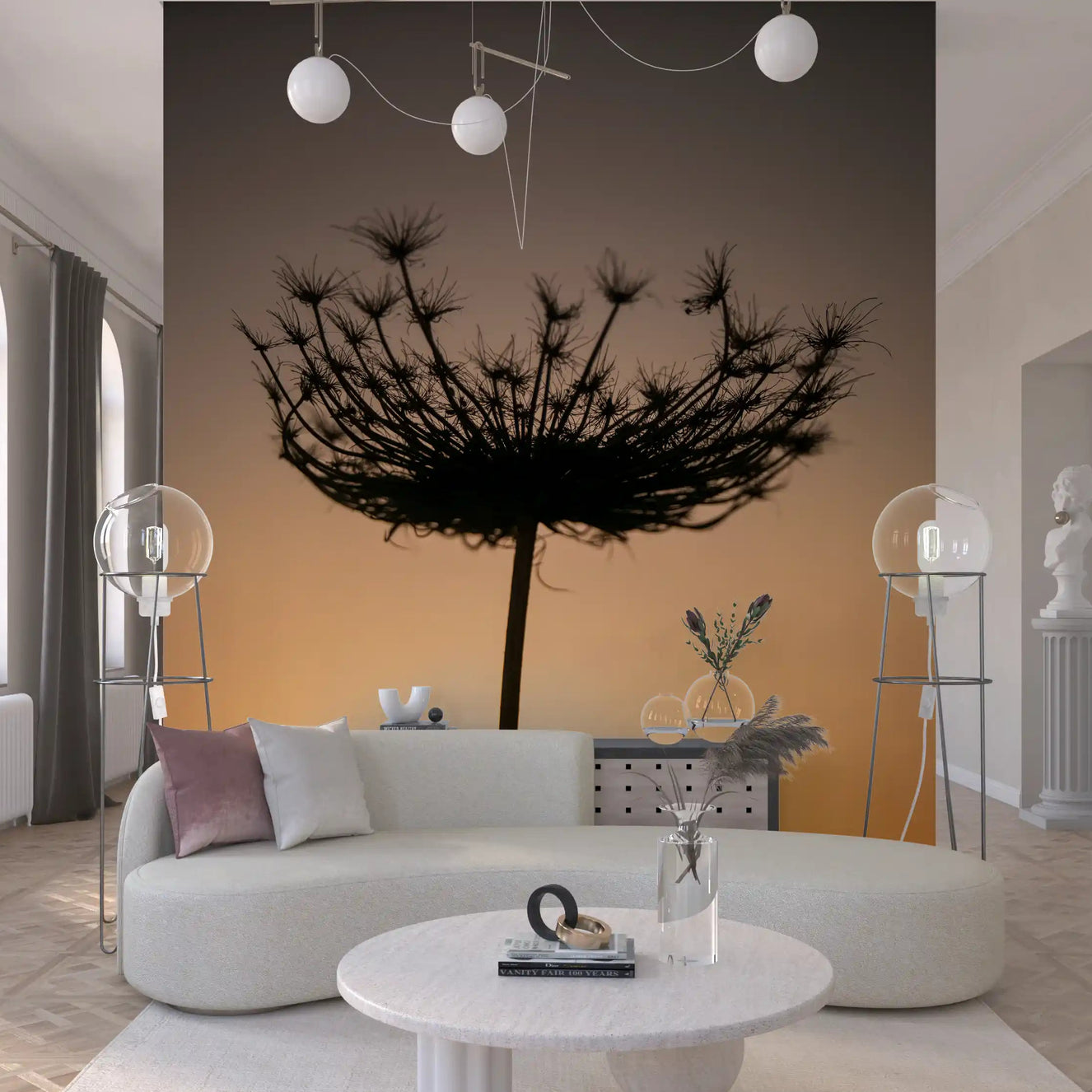 Dusk-lit living room paired with the Golden Hour Seed Head Silhouette wall mural.