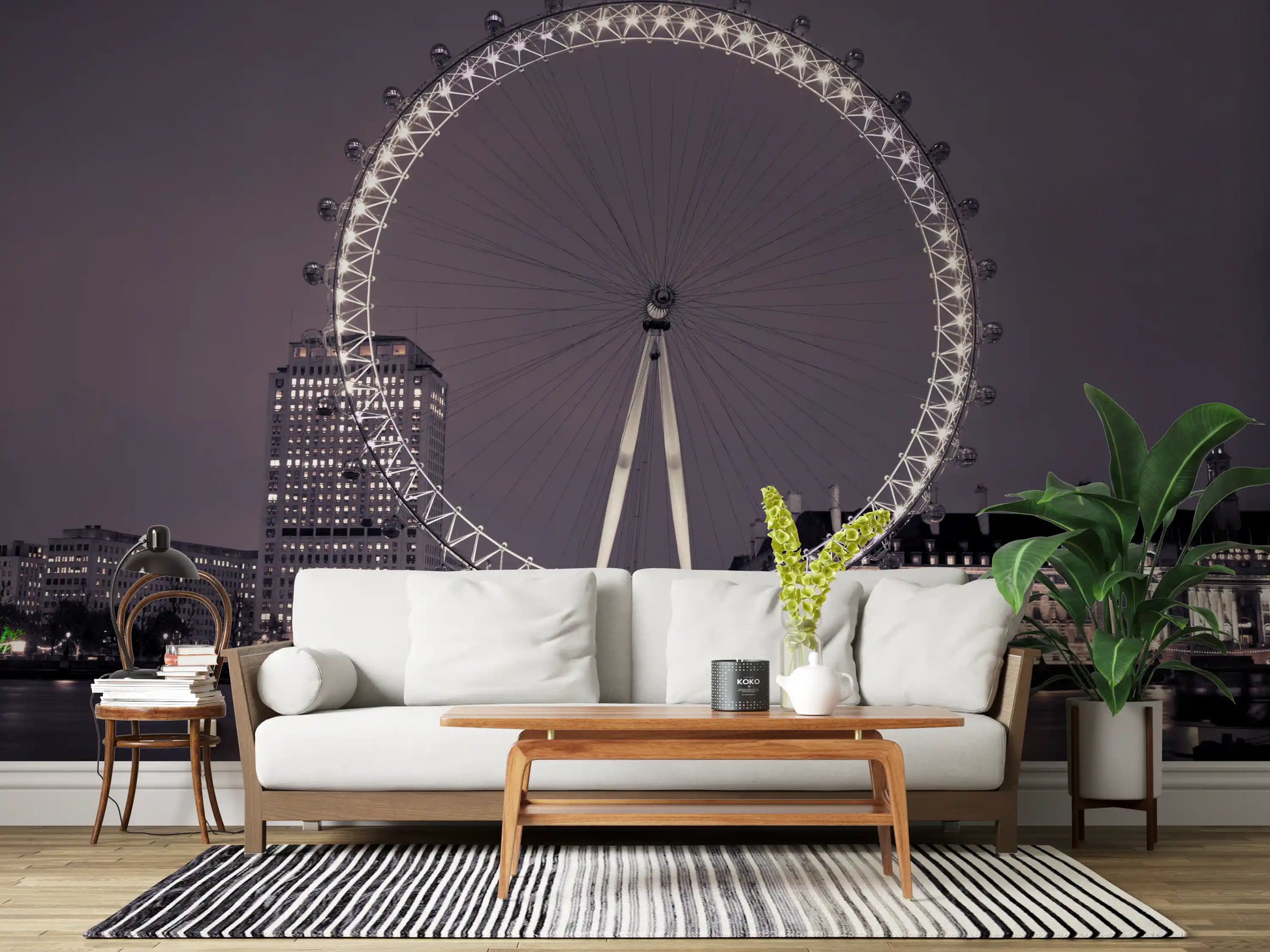Lighting a Living room in night colour, the Midnight Radiance wall mural takes focal spot.