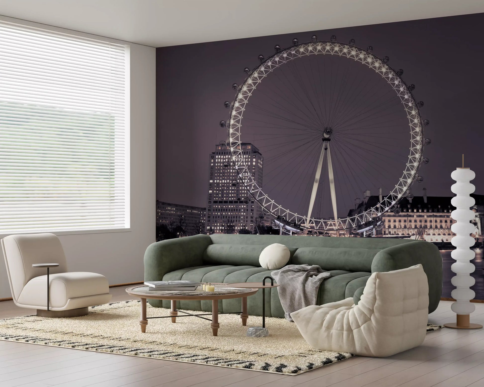 Riverside buildings stretch under a deep mauve sky on this London Eye wall mural.