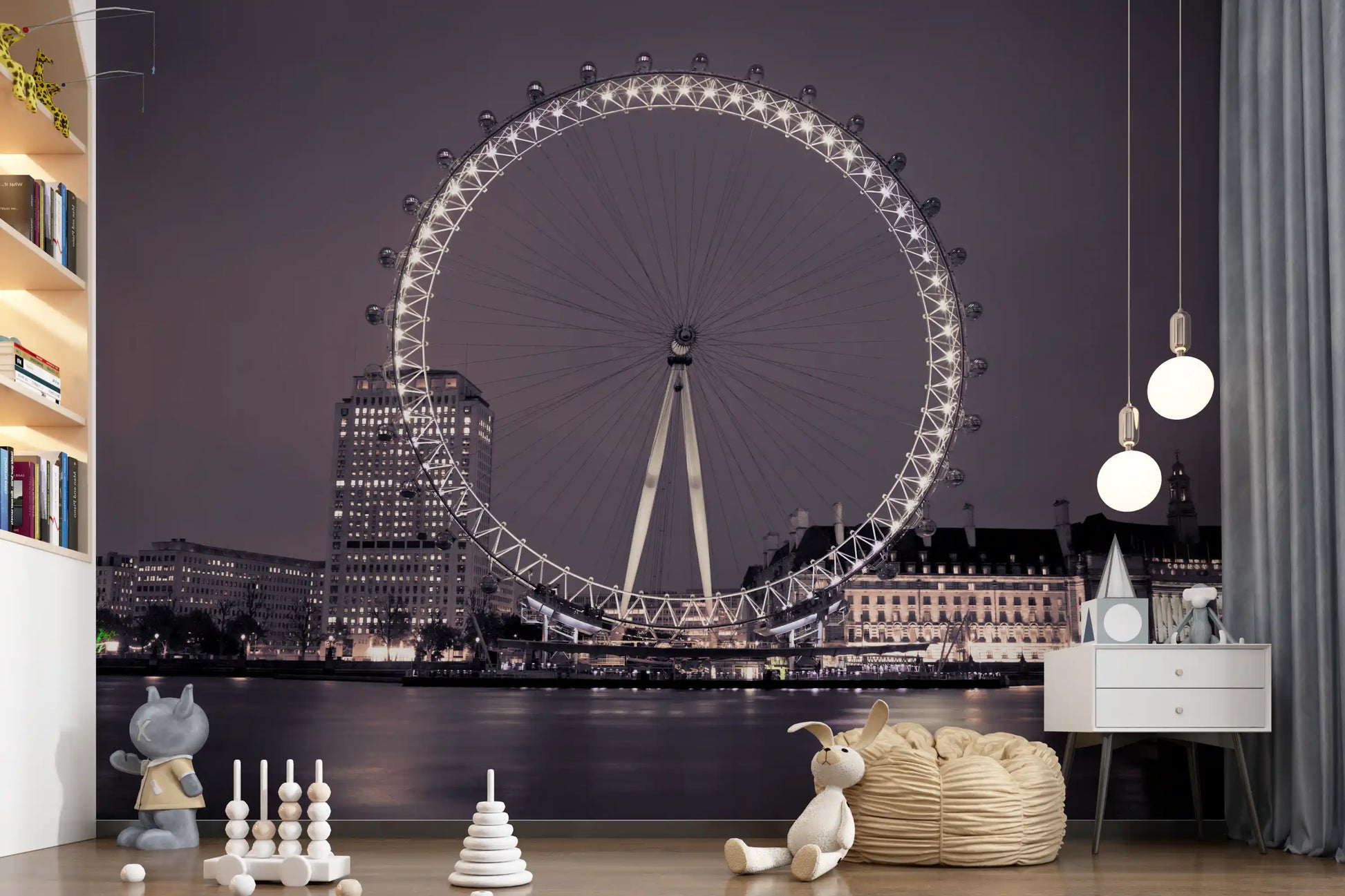 London Eye Radiance pulls a Nursery area into a moody midnight glow via the wall mural.