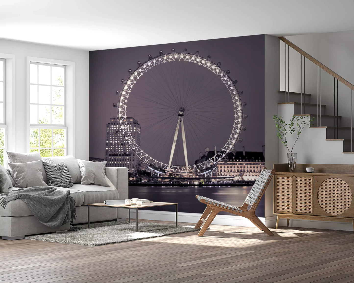 Lounge gains a quiet night mood from the London Eye Midnight Radiance wall mural.