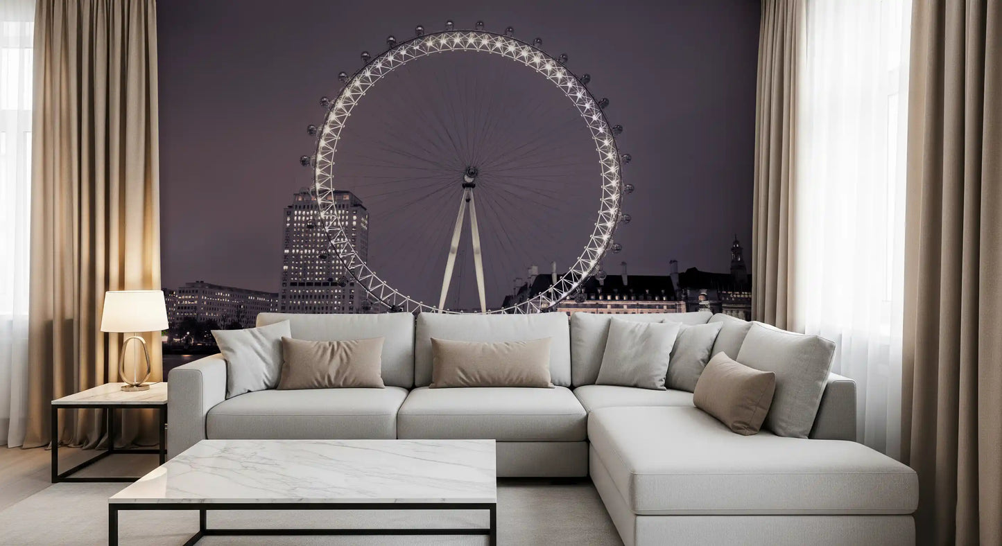 Giant lit ferris wheel sits at the heart of the London Eye Midnight Radiance wall mural.
