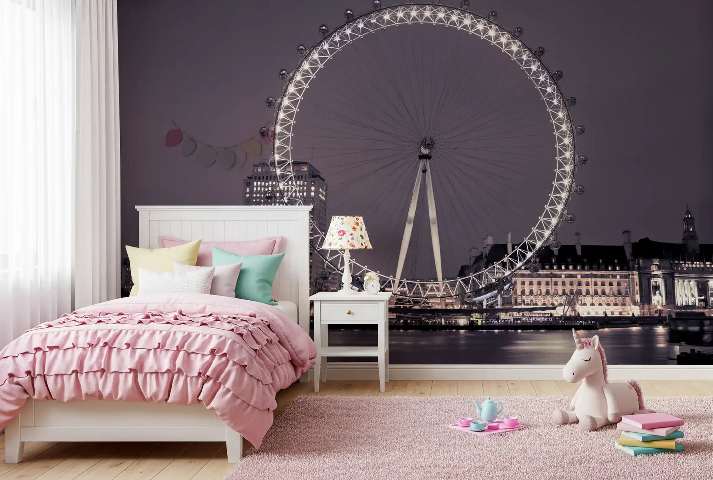 Dusky mauve and white pinpricks meet a Kids bedroom through this London Eye wall mural.