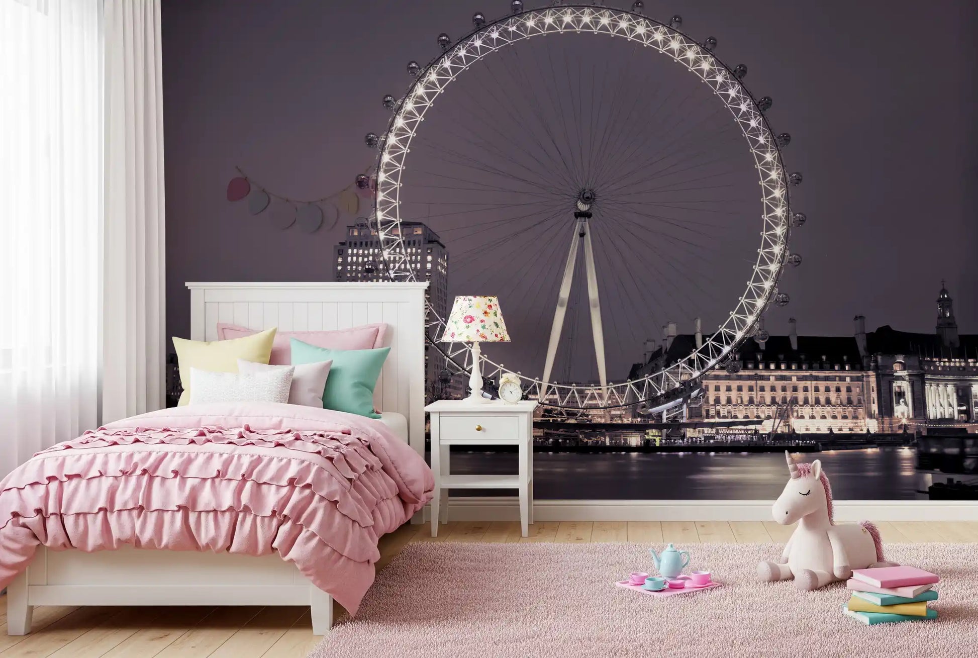 Dusky mauve and white pinpricks meet a Kids bedroom through this London Eye wall mural.