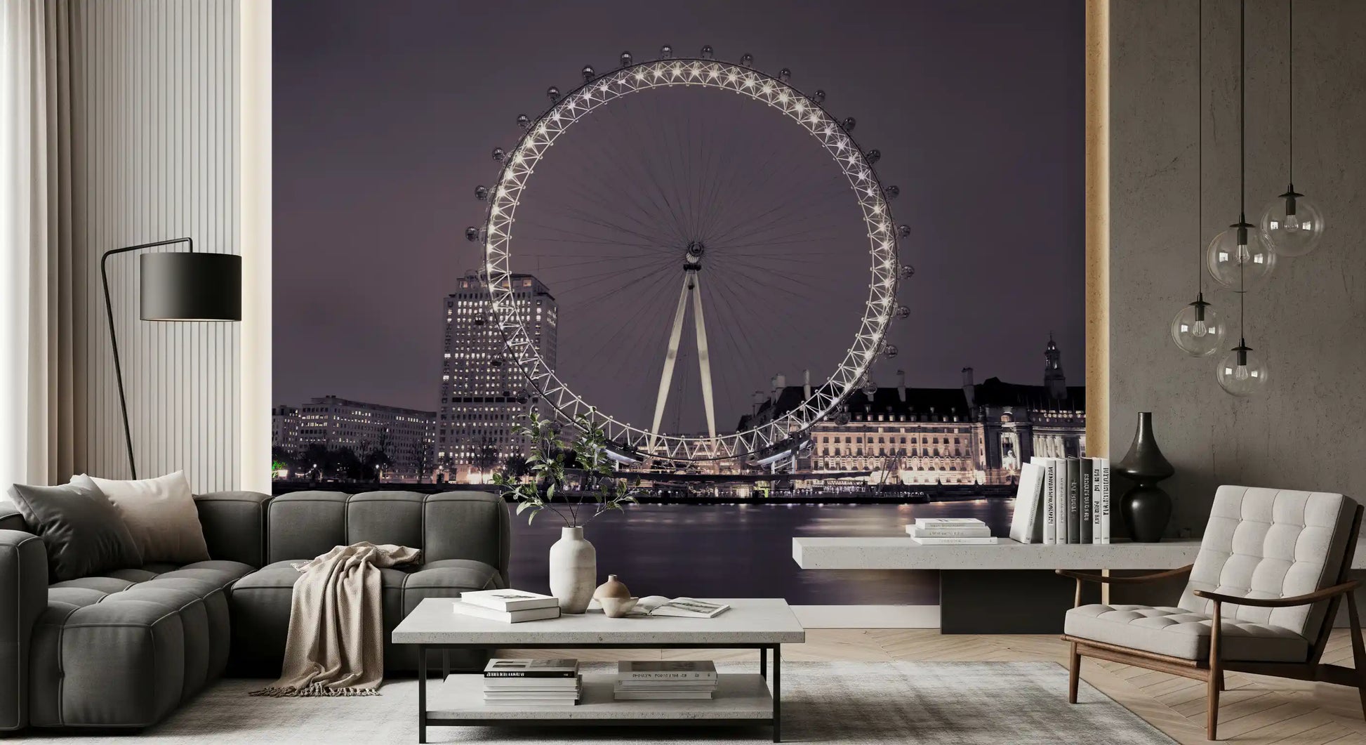 At nightfall, a living room shifts moody by the Midnight Radiance wall mural.