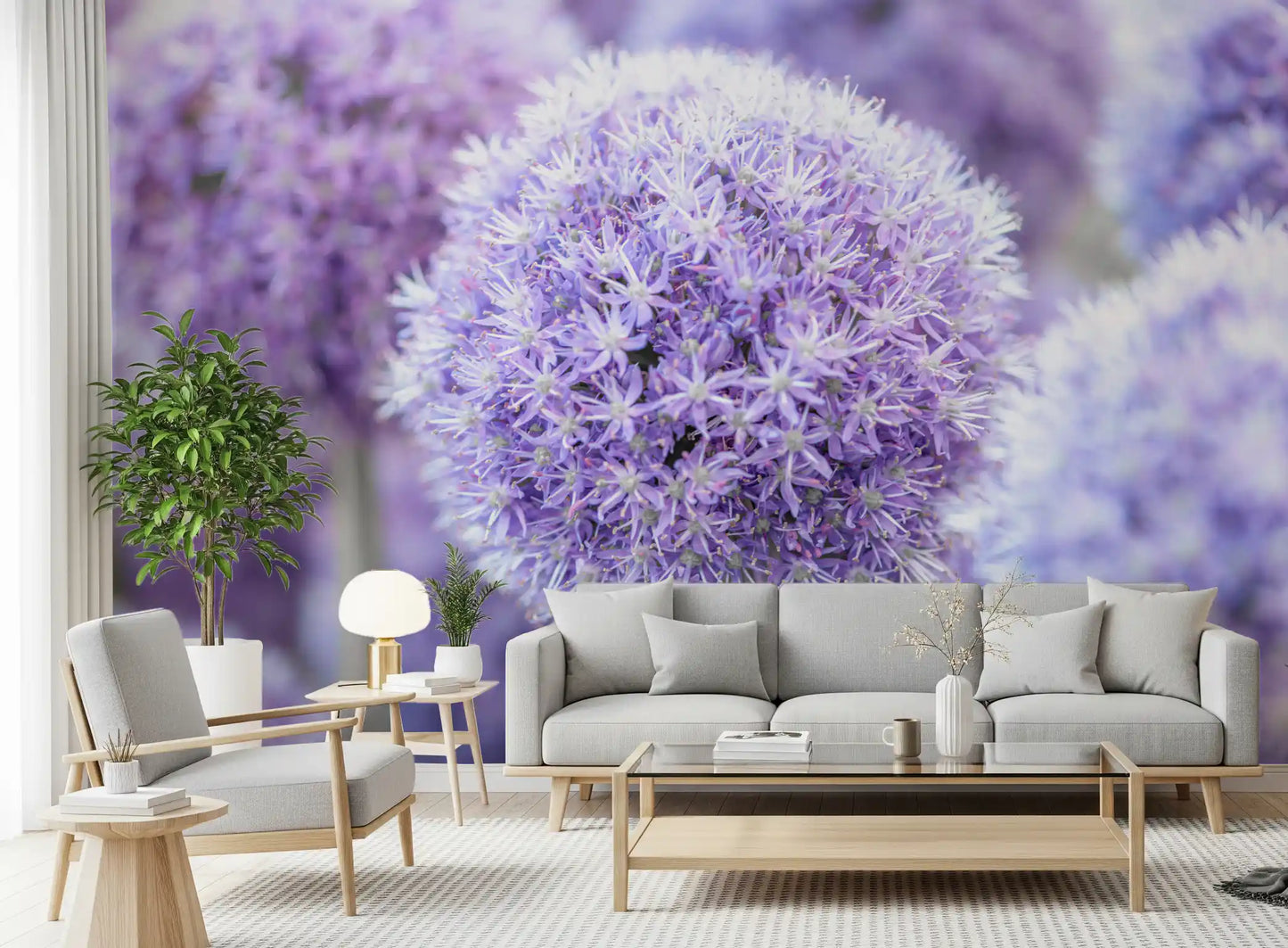 Tiny star florets pack the central globe of the Purple Floral Orb wall mural.