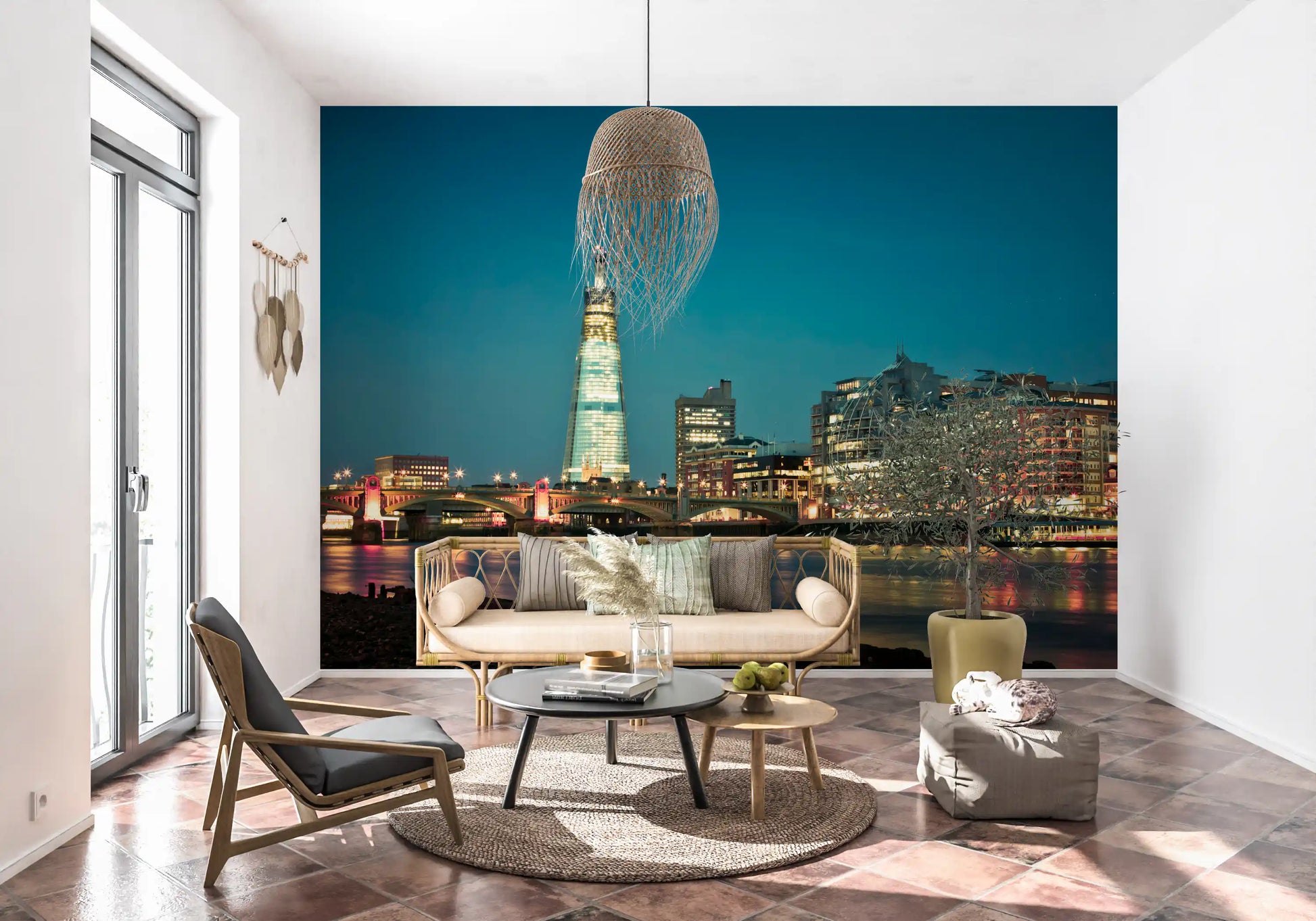 Bridge lamps and Shard glow trail down a hallway in the London Skyline wall mural