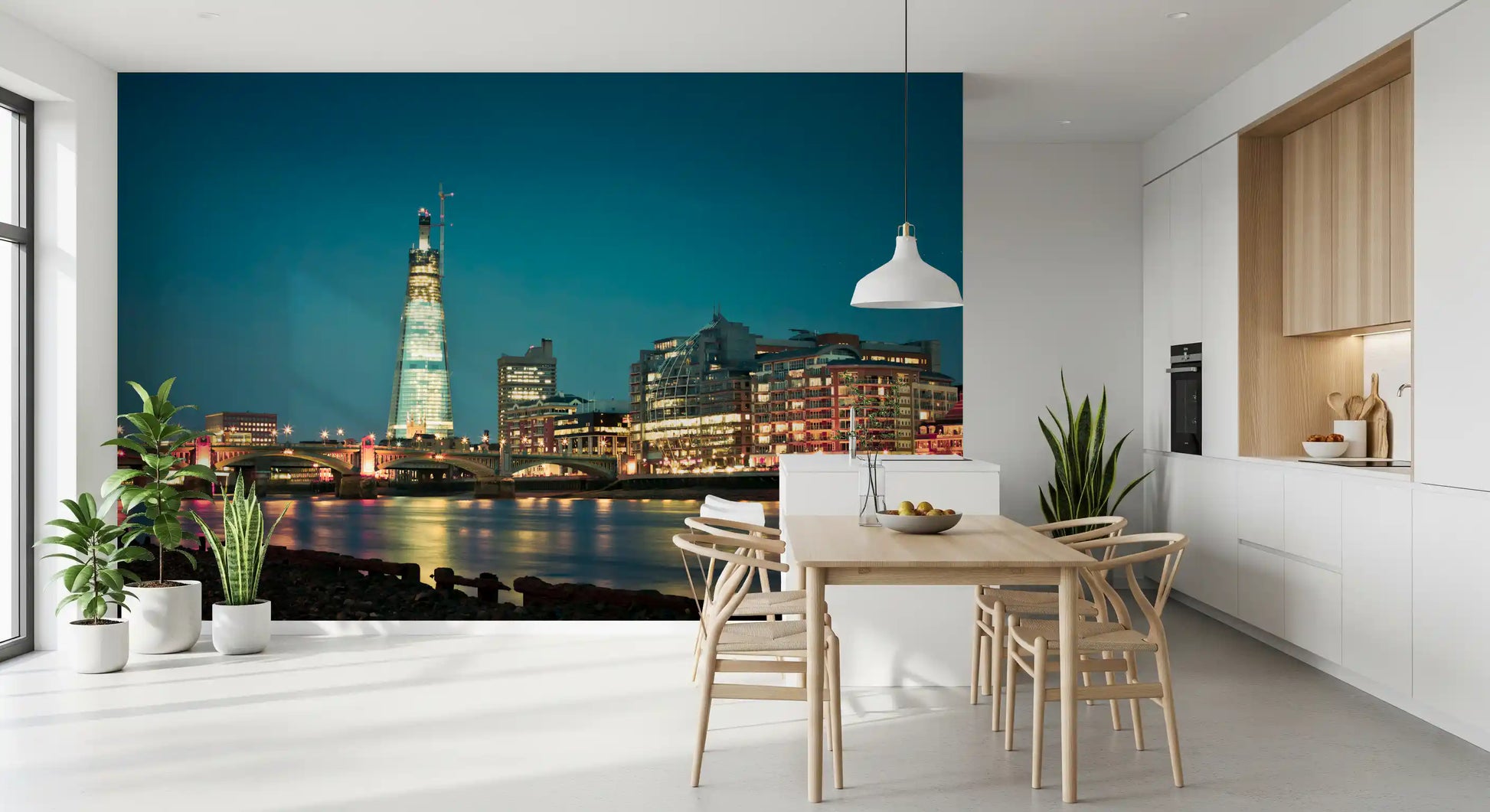 Quiet Dining room from cool blues and warm windows in this Skyline wall mural
