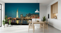Quiet Dining room from cool blues and warm windows in this Skyline wall mural