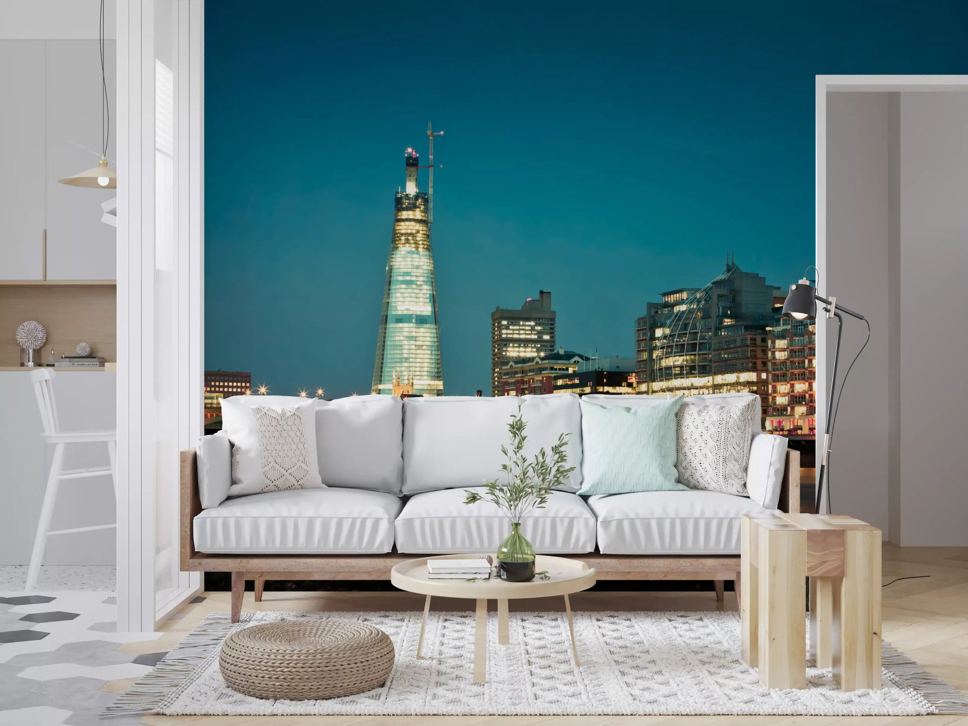 Shard glass tower sits sharp and lit at the heart of the Skyline wall mural