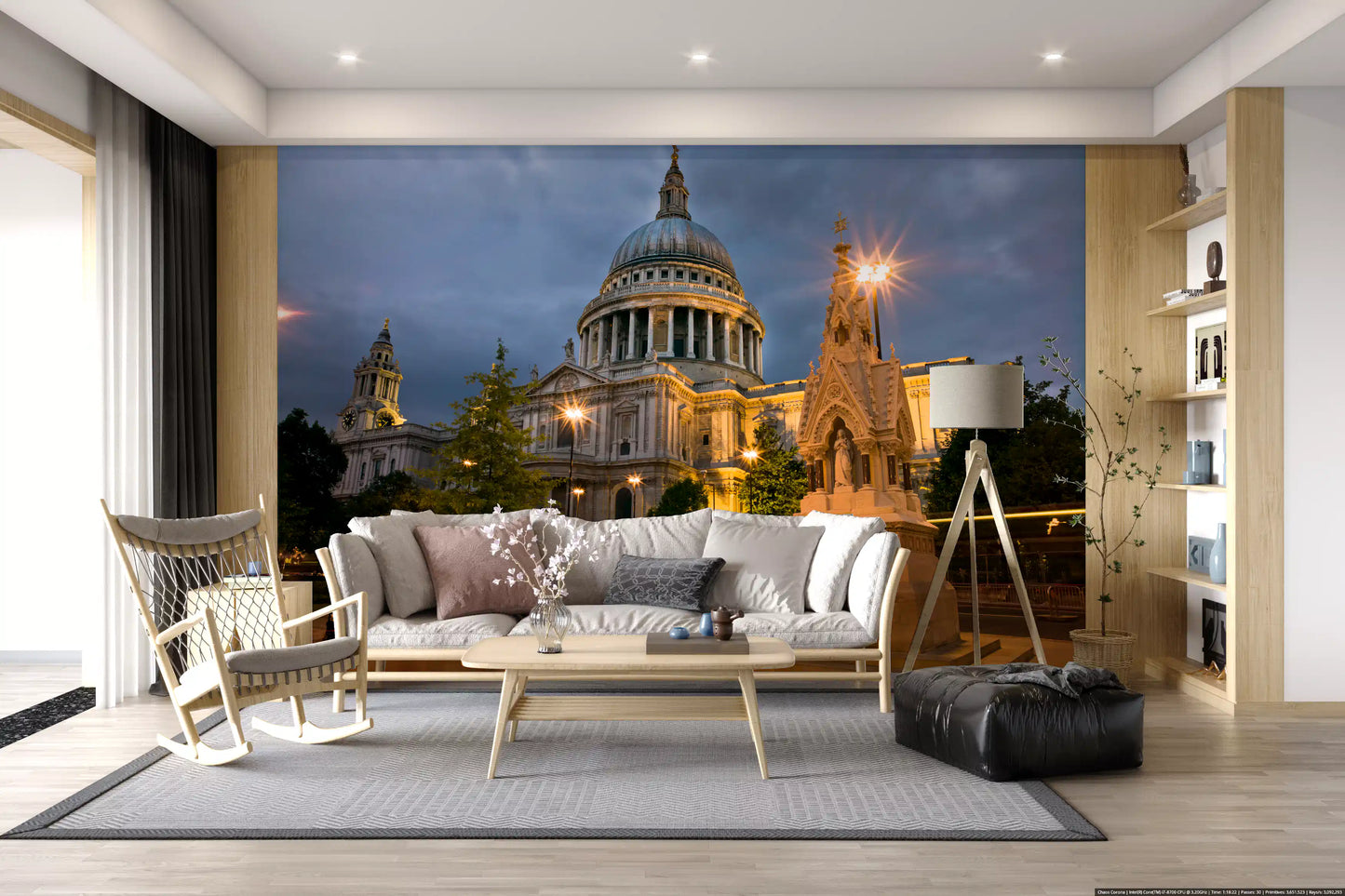 Honey gold lamp light spreads, the London's Iconic Dome wall mural framing the entryway.