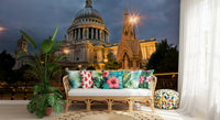 Gothic memorial fountain catches light beside the St. Paul's Dome wall mural's heart.