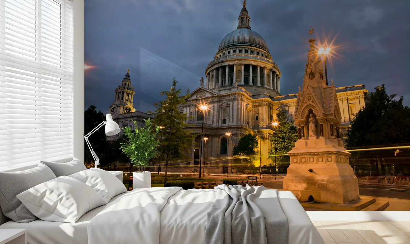 Lamplit dusk calm reaches a bedroom via the St. Paul's Evening Glow wall mural.