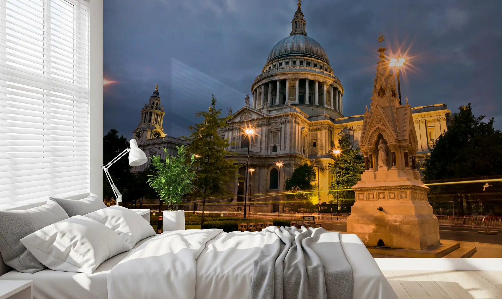 Lamplit dusk calm reaches a bedroom via the St. Paul's Evening Glow wall mural.