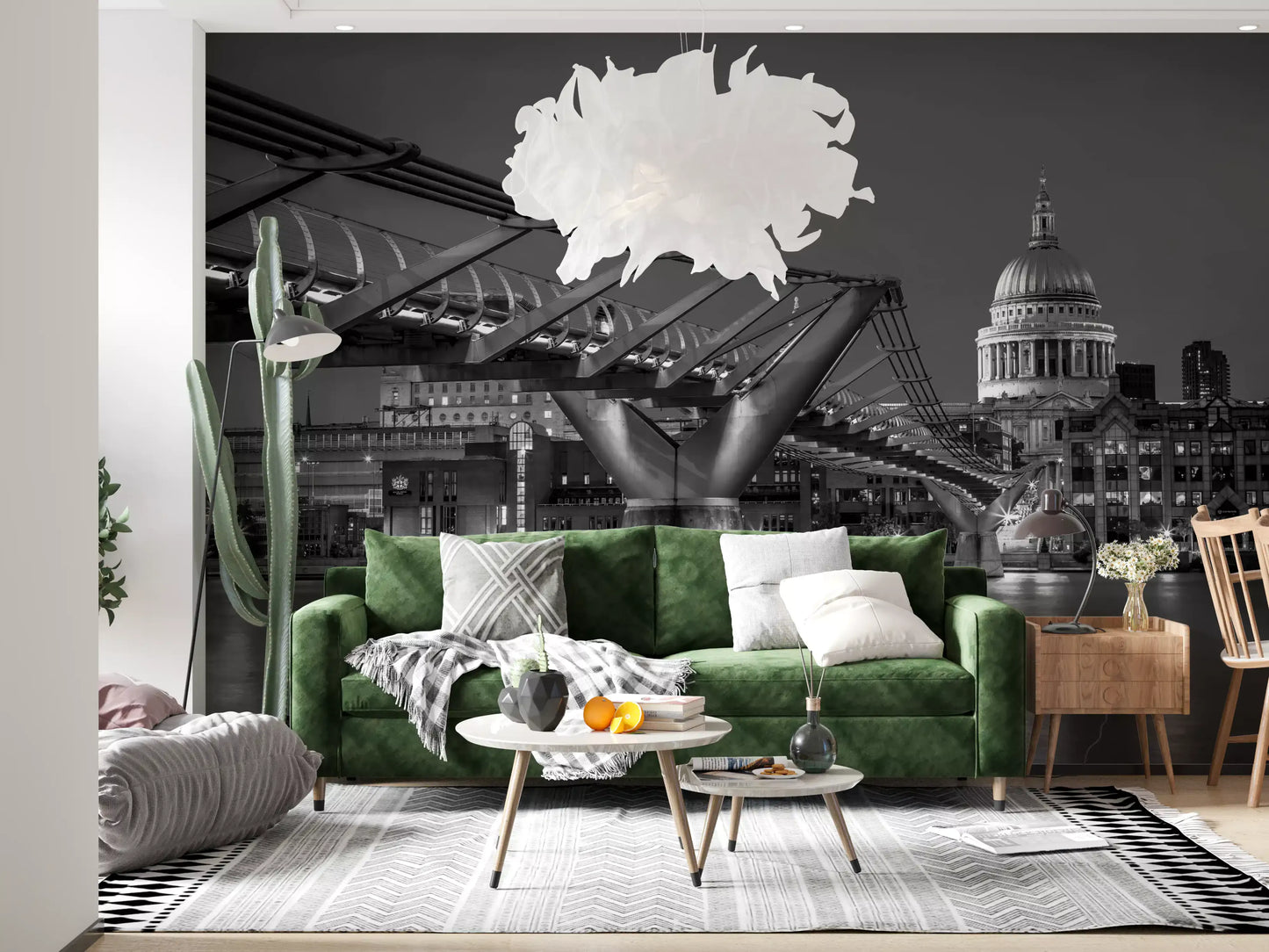 Cathedral dome appears on the right of this Millennium Bridge wall mural at dusk.