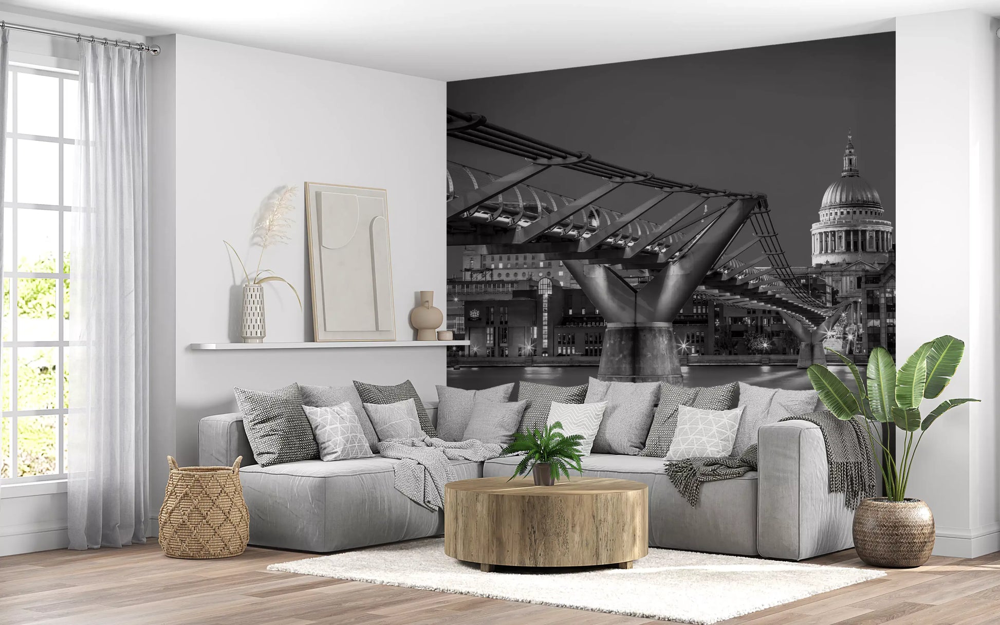 Monochrome view from the Millennium Bridge wall mural leads a lounge into a quiet night.