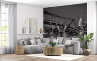 Monochrome view from the Millennium Bridge wall mural leads a lounge into a quiet night.