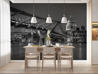 Grey city tones from the Millennium Bridge wall mural spread through a Dining room.
