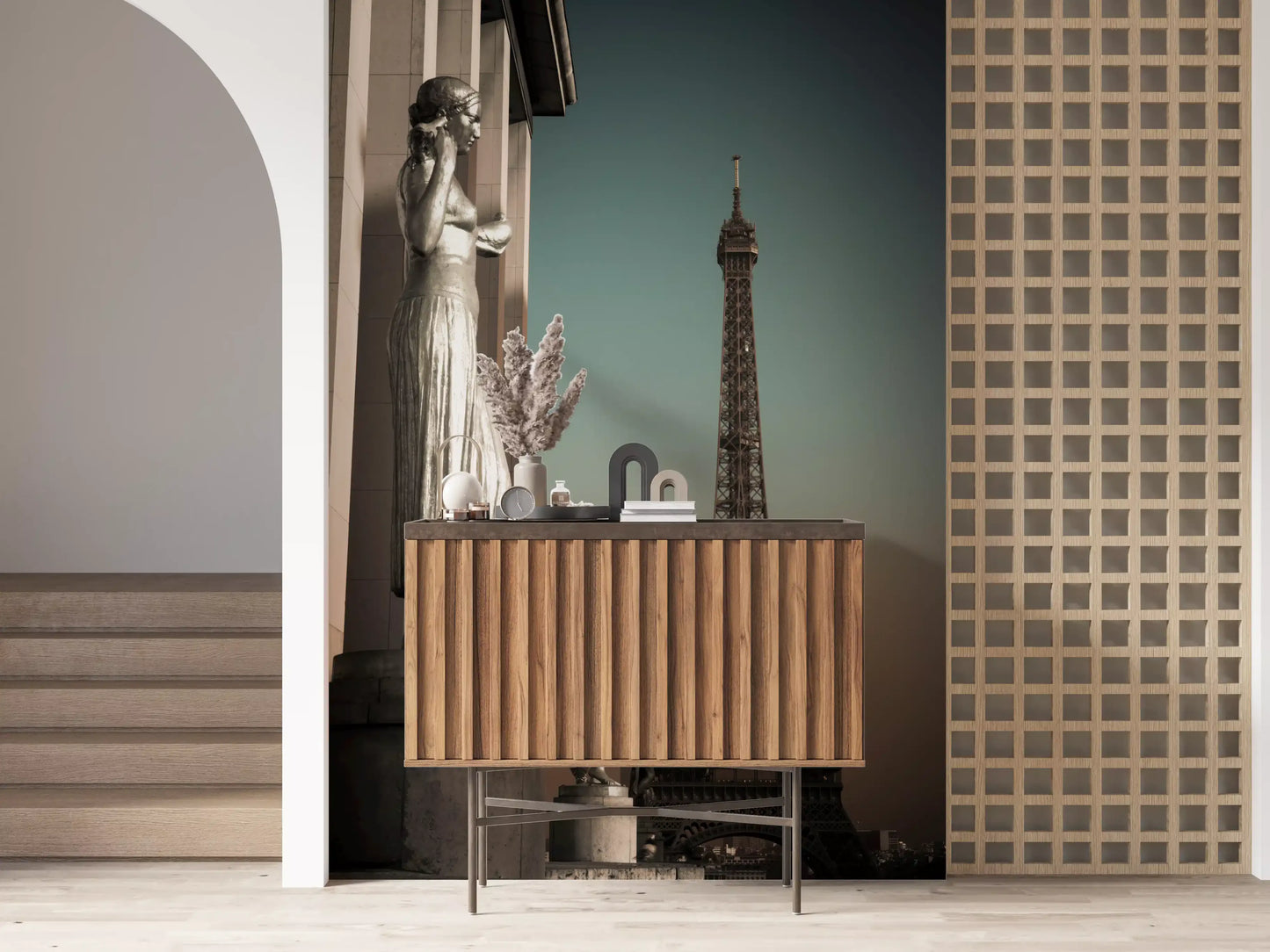 Iron lattice glints across the Hallway within this Parisian wall mural