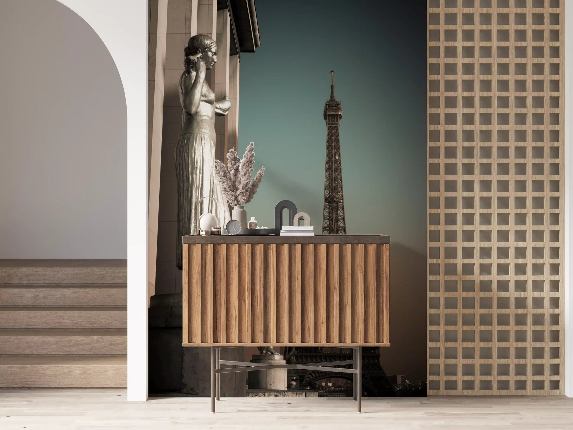 Iron lattice glints across the Hallway within this Parisian wall mural