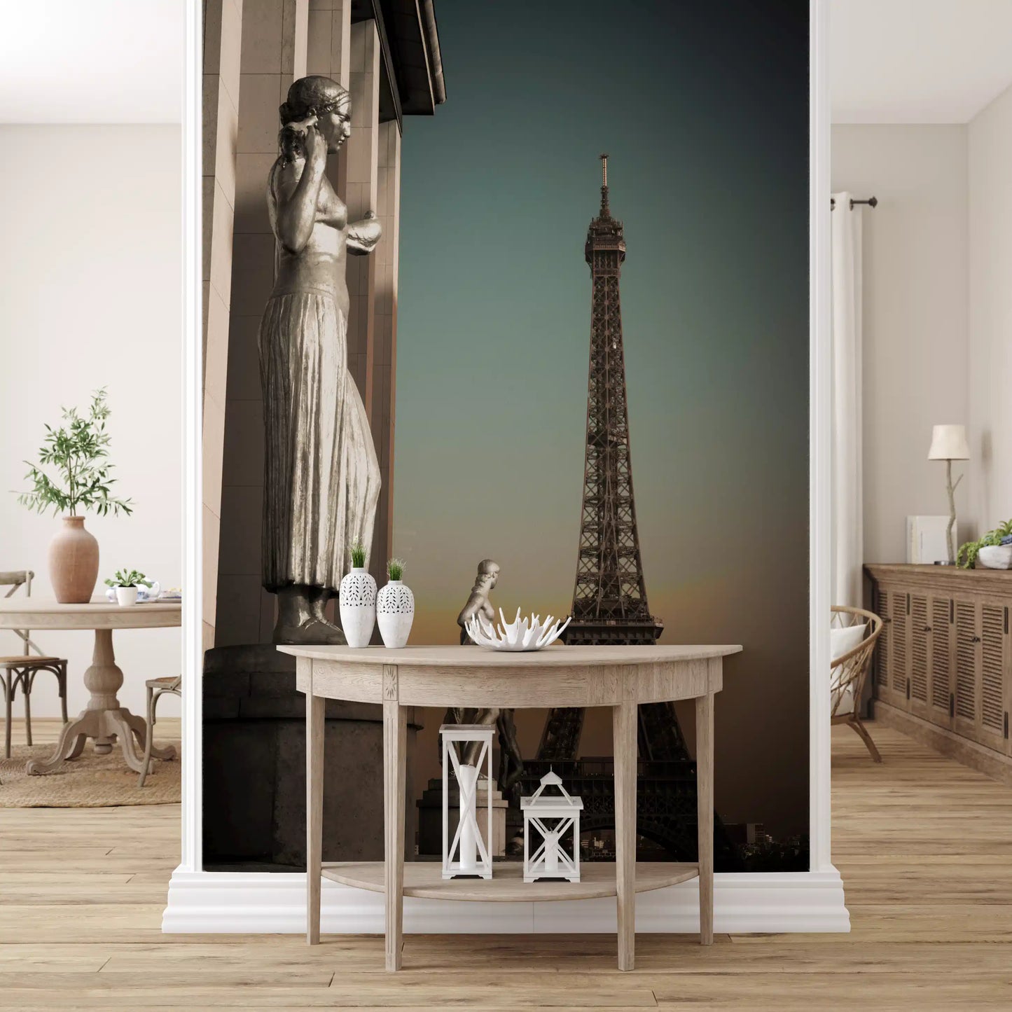 Three stone figures rise as iron tracery climbs behind in this Statues Tower wall mural
