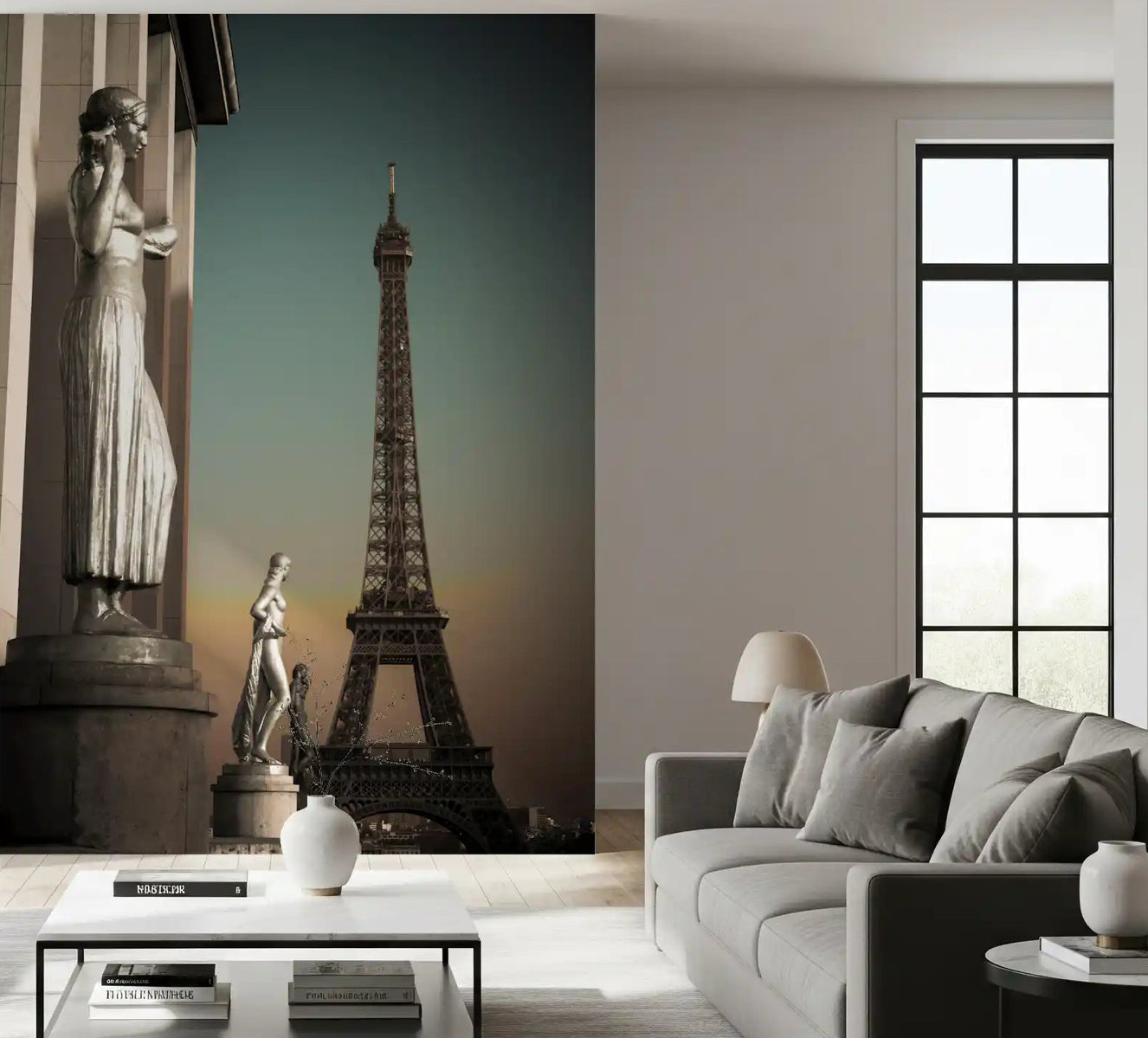 Eiffel Tower lifts above the living room in this Parisian Grandeur wall mural