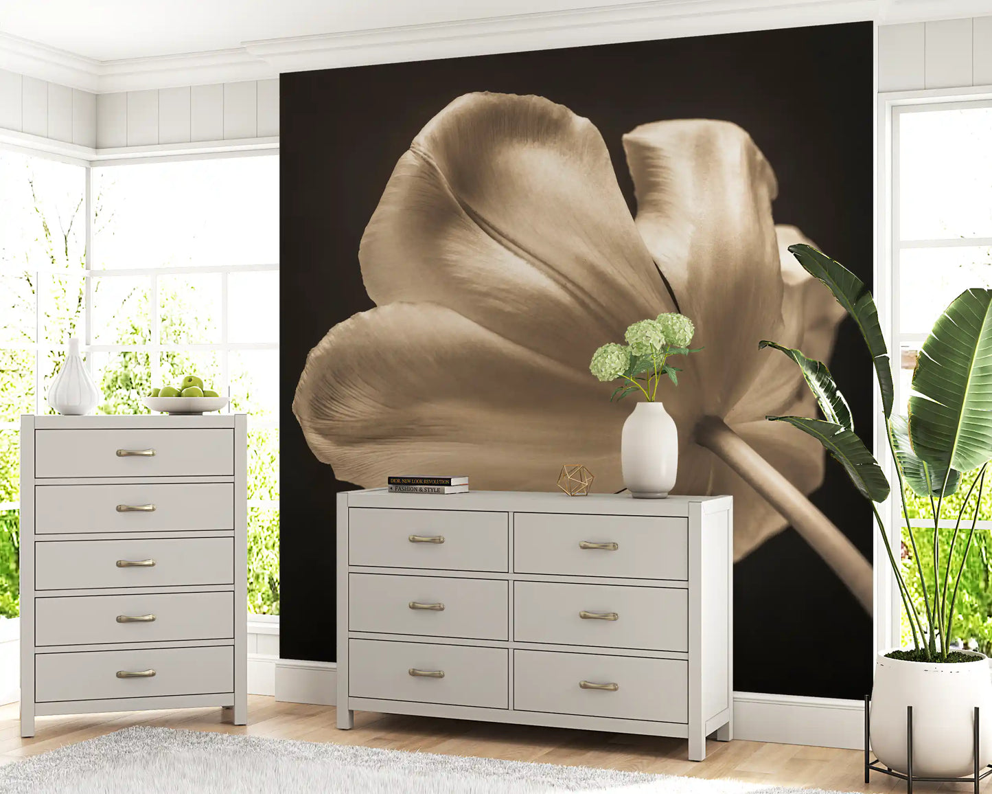 Veined petals stretch over a Hallay area via the Ethereal Tulip Bloom wall mural.