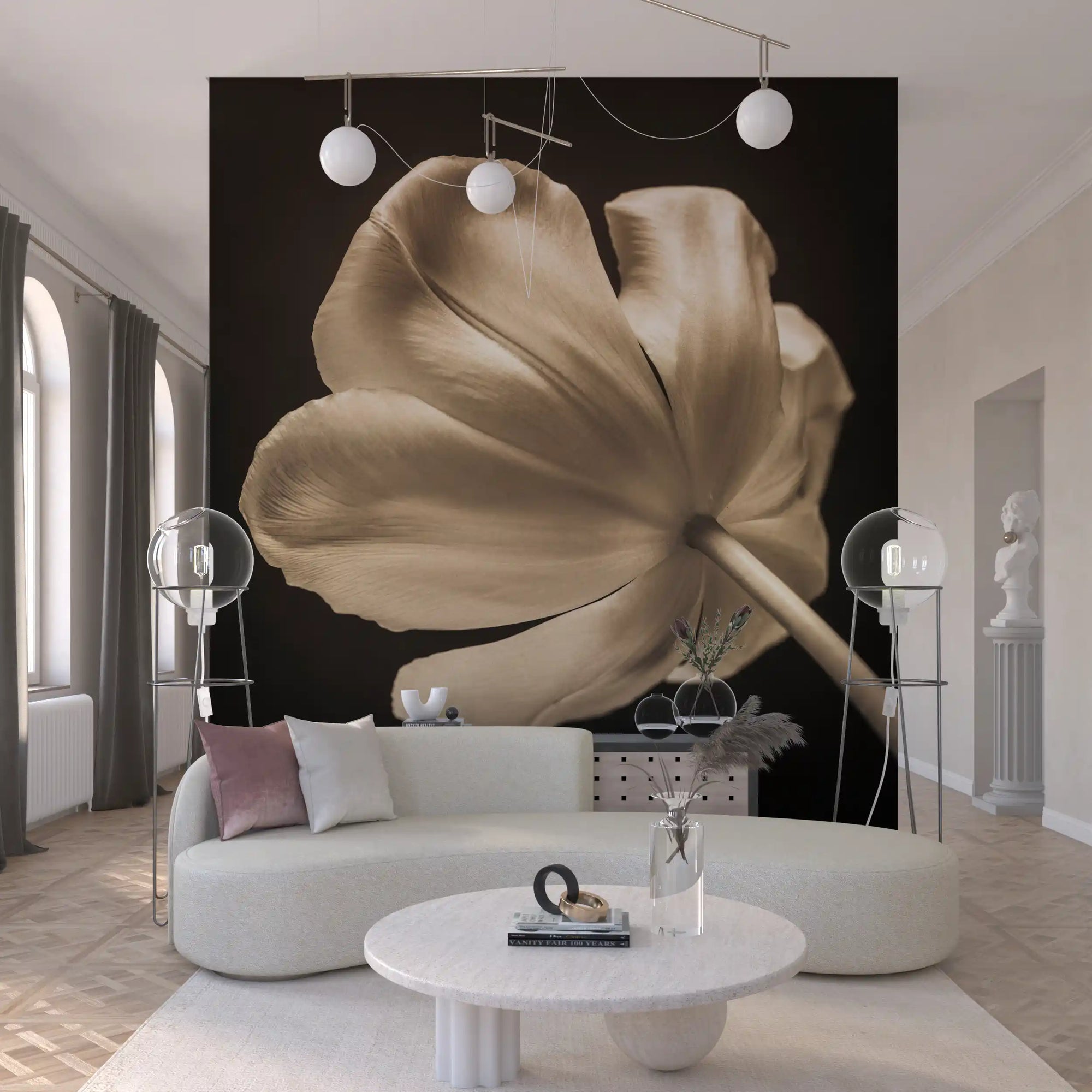 Sepia tulip head greets the living room from the Ethereal Tulip Bloom wall mural.