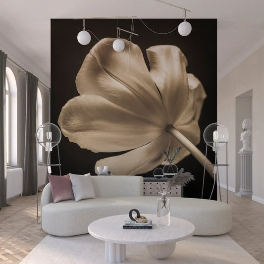 Sepia tulip head greets the living room from the Ethereal Tulip Bloom wall mural.
