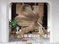 Dark backdrop accents a Dining room on the Ethereal Tulip Bloom wall mural in warm sepia.