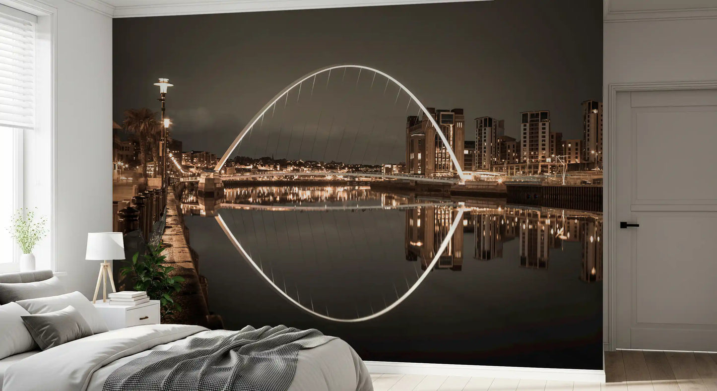 Quayside lamps add small warm pinpoints to the left edge of the Archway wall mural