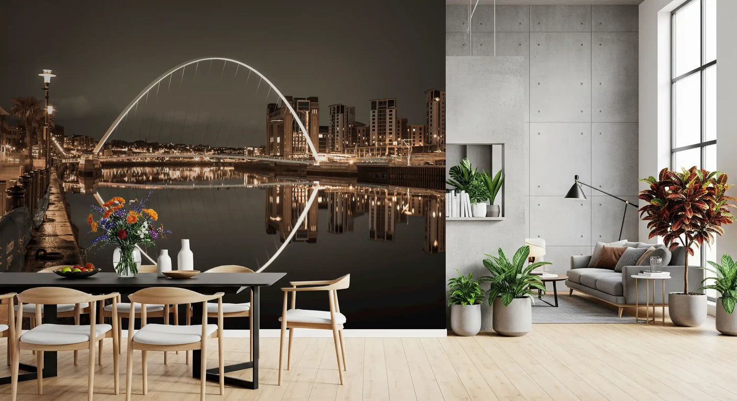 Archway of Light wall mural gives a living and dining room deep brown sepia tones