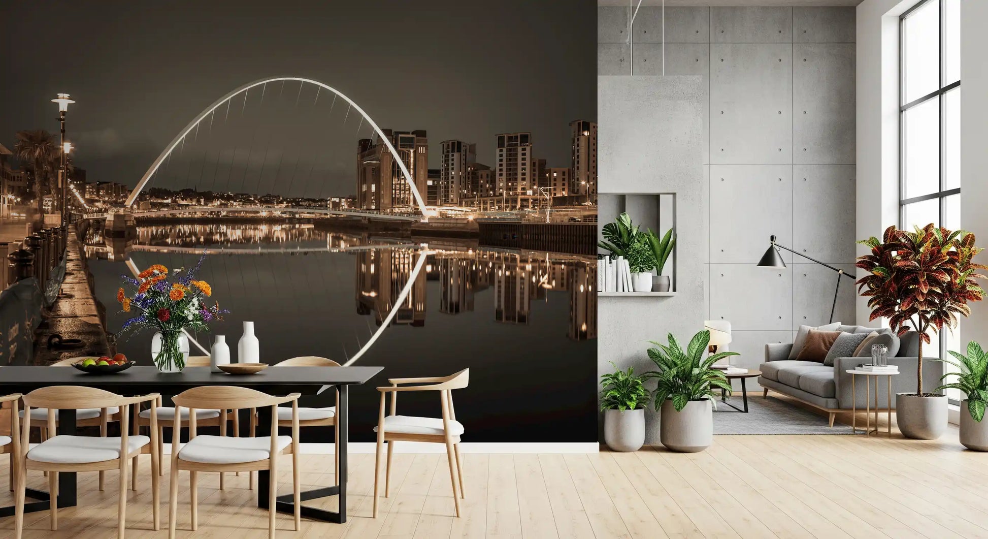 Archway of Light wall mural gives a living and dining room deep brown sepia tones