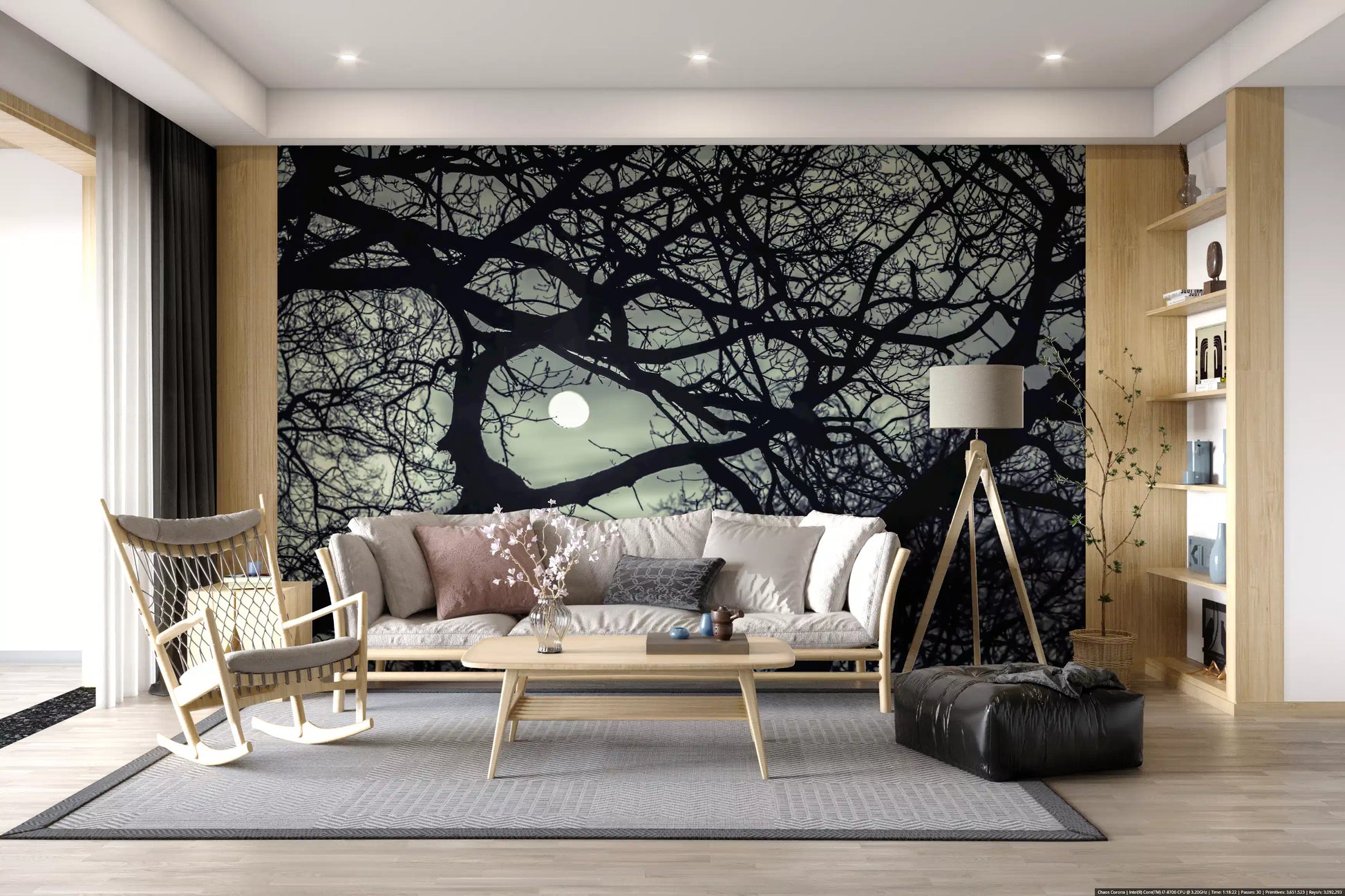 Moody full-moon scene opens beside a Living room in this Lunar Silhouette wall mural.