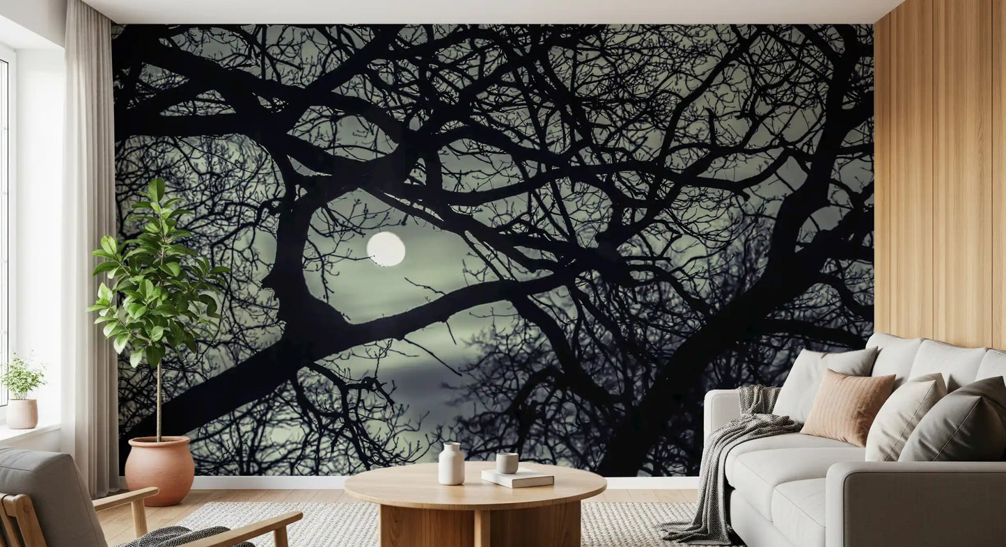 Wide outward fan of twigs forms a moonlit centre in this Lunar Silhouette wall mural.
