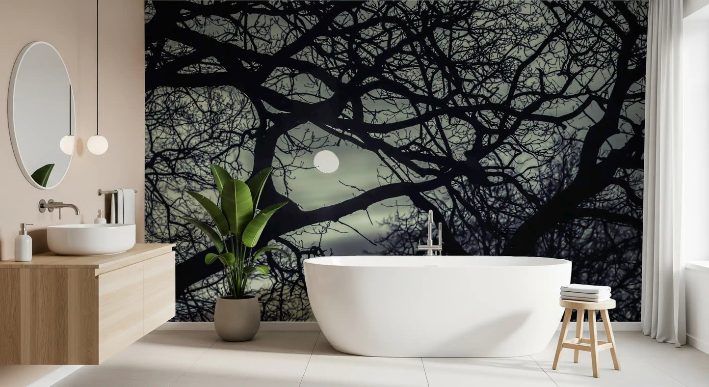 Gothic mood ties this Lunar Silhouette Midnight Branches wall mural together evenly.