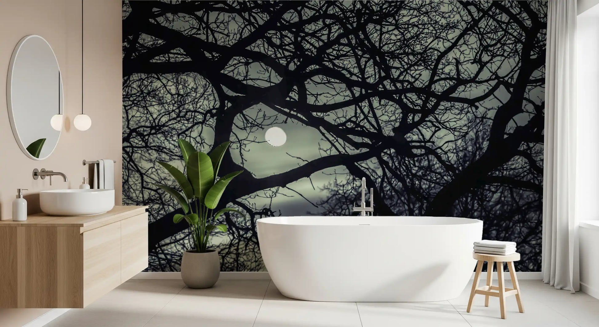 Gothic mood ties this Lunar Silhouette Midnight Branches wall mural together evenly.